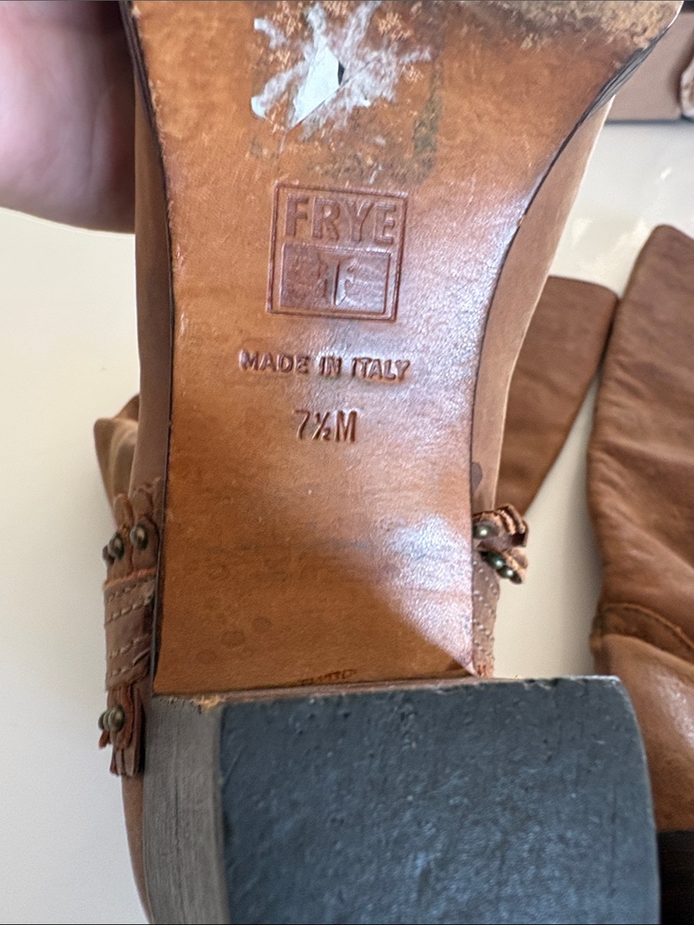 Frye Cognac Brown Scallop Studded Trim Leather Knee High Boots - Picture 12 of 17